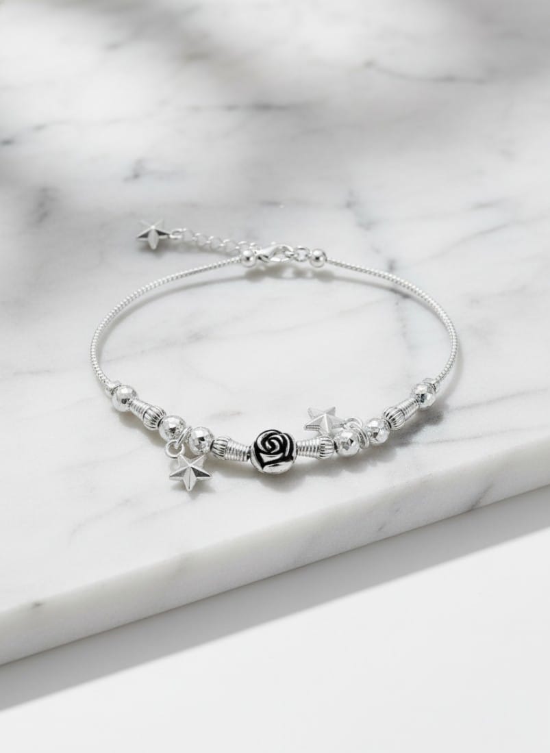Rose & Star Silver Beaded Anklet