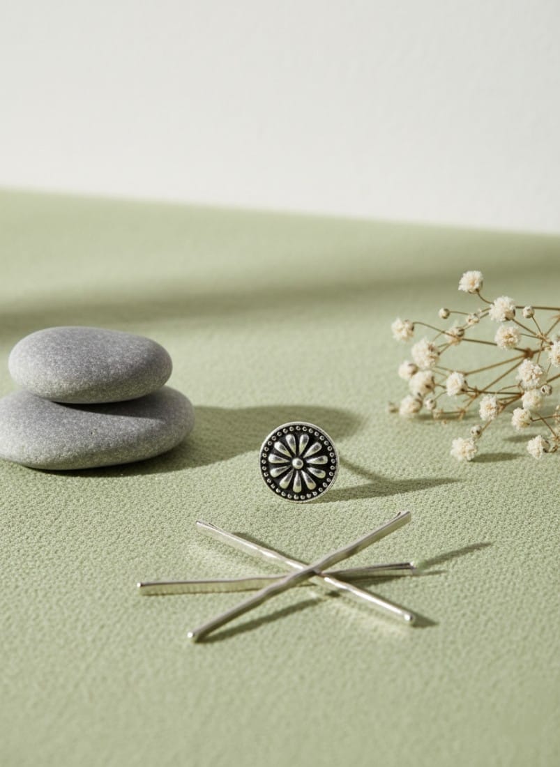 Round Floral Silver Nose Ring (with Center Stone)