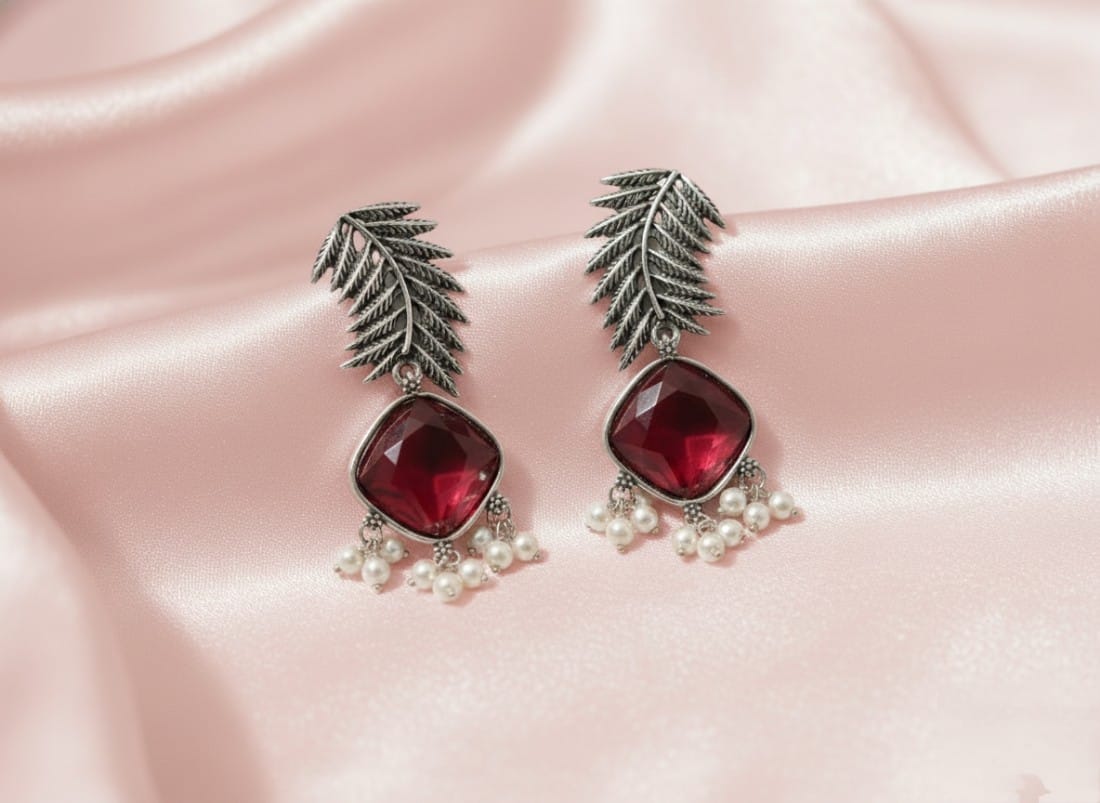 Crimson Leaf & Pearl Earrings