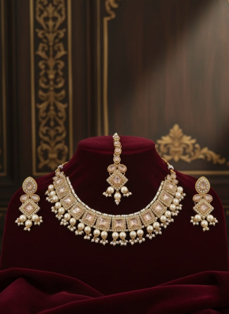 Blush Pink Kundan- style Choker with Pearl drops